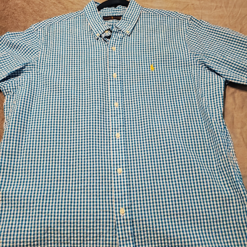 Polo button down seersucker shirt aqua blue size L